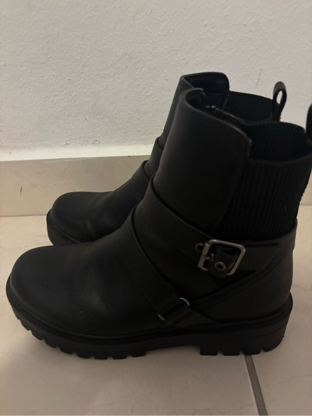 Soda Black Leather Ankle Booties with Buckle Accent